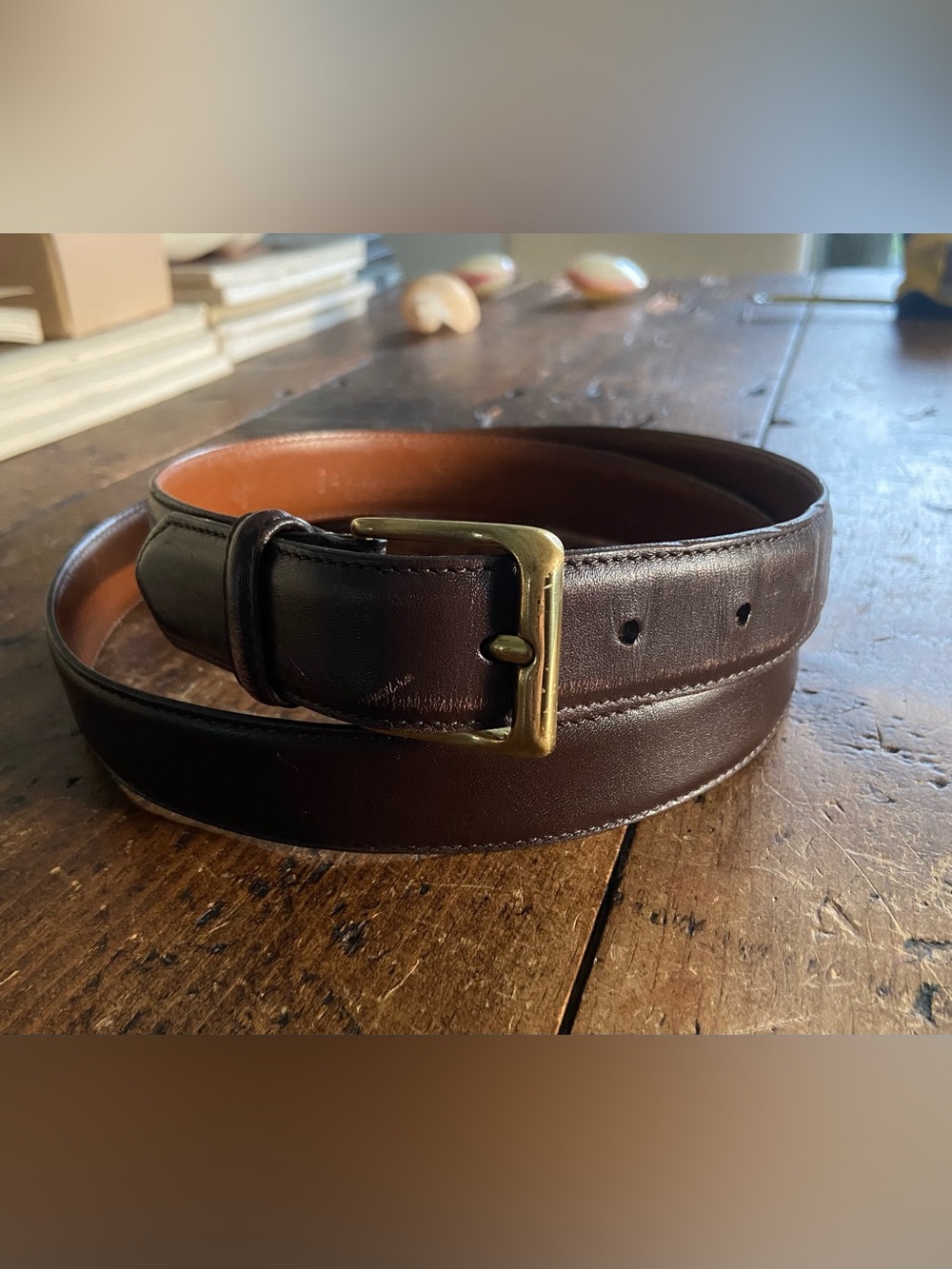 Coach Mens Dark Brown Full Grain Leather 42” Solid Brass Buckle Classic Belt
